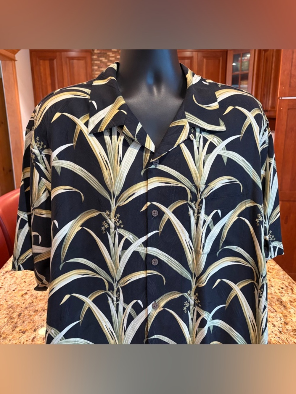 Tommy Bahama Black Short-Sleeve Camp Shirt with Tan Leaf Print. 100% silk. XL